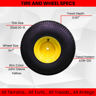 20x8.00-8 4 Ply Tires with 8x7 John Deere Yellow Wheels for Lawn & Garden Mower Turf Tires (Set of 2).