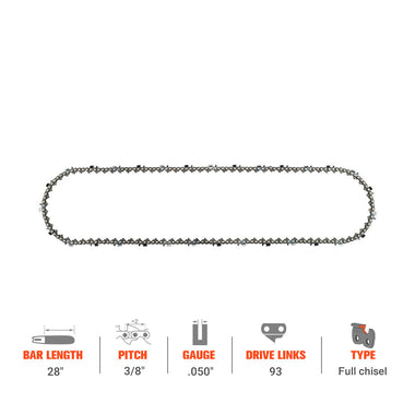 Hipa Full Skip Chain 3/8" .050" 93 DL 28 Inch For Husqvarna 365 372 455 460 465 562 Homelite Echo Chainsaw