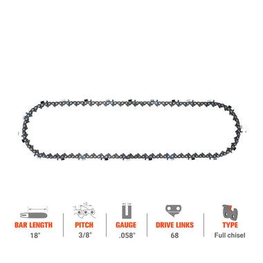 Hipa Full Skip Chain 3/8" .058" 68 DL 18 Inch For Husqvarna 55 65 66 372xp 455 455e 460 576xp Chainsaw - 0