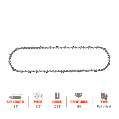 Hipa Full Skip Chain 3/8" .063" 84 DL 24 Inch For Husqvarna 372XP 394XP 572XP 576XP Jonsered 2165 2065 Stihl RedMax Chainsaw