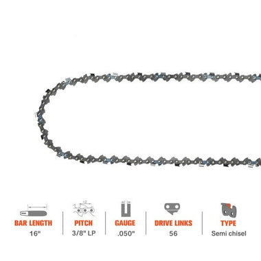 16 Inch Chain 3/8 LP .050 Gauge 56 DL For S56 Poulan 2050 2150 2375 Ryobi RY3716 RY43006 Oregon CS1200 CS1400 CS300 Chainsaw - 0