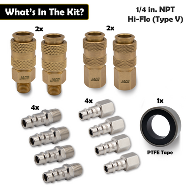 Hi-Flo Quick Connect Air Fittings | Plug & Coupler Kit - 1/4" NPT (Set of 12) - 0