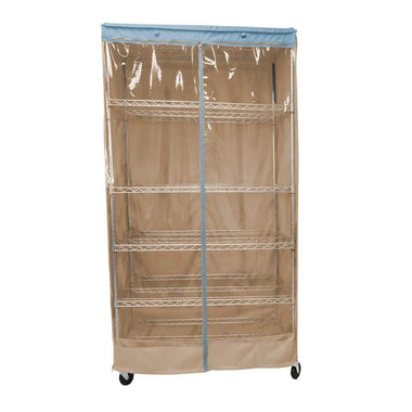 Storage Shelving Unit Cover, fits racks 36"W x 24"D x 72"H one side see through panel in Beige Khaki and Blue Trim