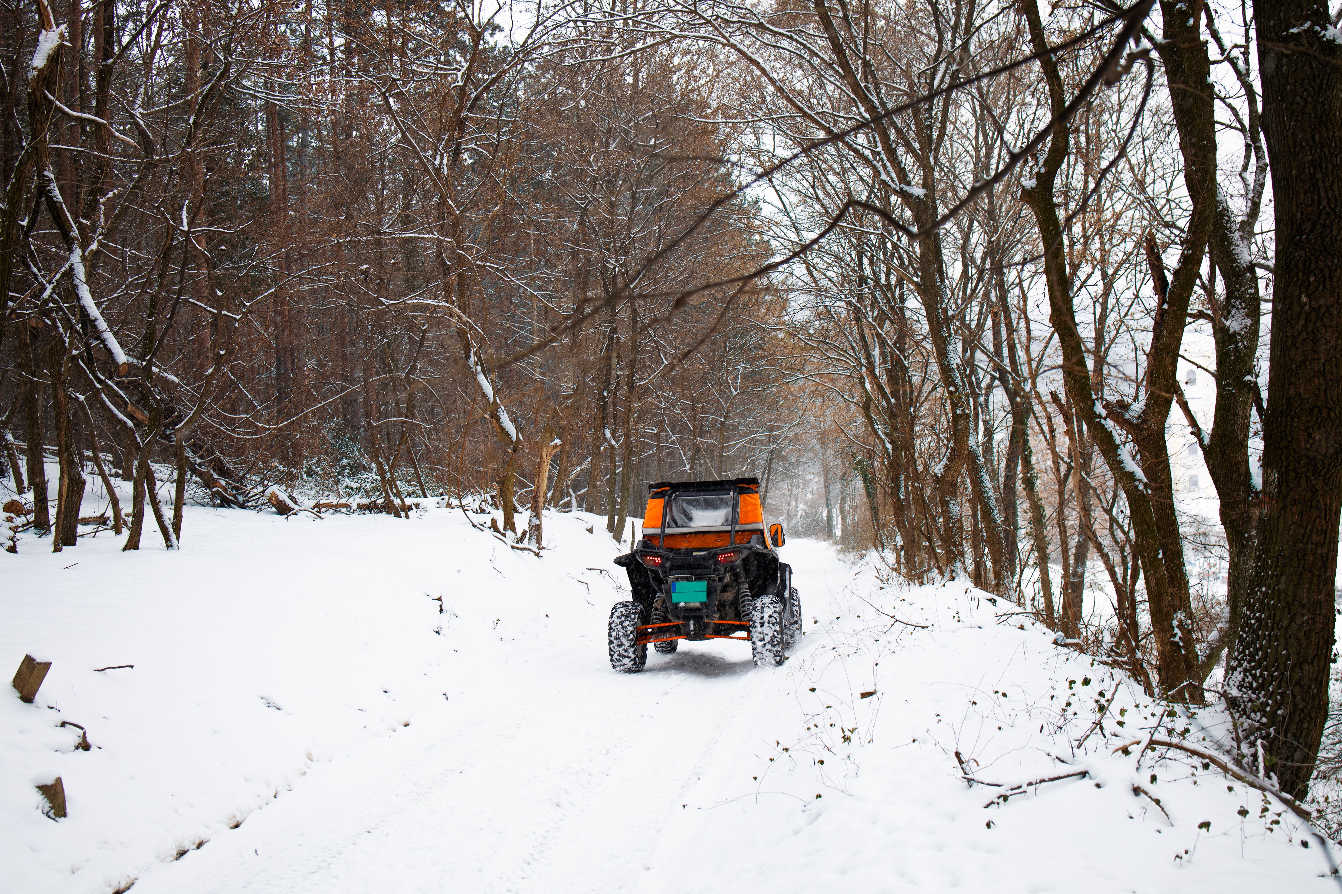 Marko 412499109 Alt Text: Orange UTV with winter tires offroading through a snowy path in the woods with dry trees on each side of the road