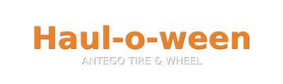 Haul-o-ween text with ANTEGO TIRE & WHEEL beneath it in a bold, minimal Halloween theme.