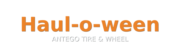 Haul-o-ween text with ANTEGO TIRE & WHEEL beneath it in a bold, minimal Halloween theme.