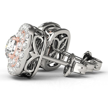 14k White and Rose Gold Cushion Shape Halo Diamond Earrings (3/4 cttw) - 0