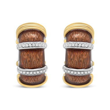 18K Yellow and White Gold Flash Plated .925 Sterling Silver Clear Brown Enamel 9/10 Cttw Round Diamonds Huggie Hoop Earrings (F-G Color, VS1-VS2 Clarity)