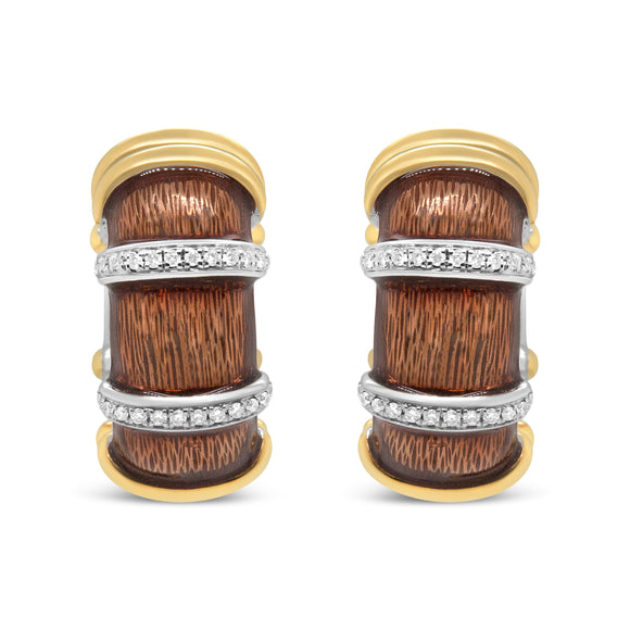 18K Yellow and White Gold Flash Plated .925 Sterling Silver Clear Brown Enamel 9/10 Cttw Round Diamonds Huggie Hoop Earrings (F-G Color, VS1-VS2 Clarity)