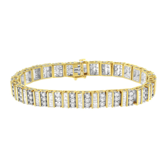 14K Yellow Gold 5.50 Cttw Round and Baguette Diamond Link Bracelet