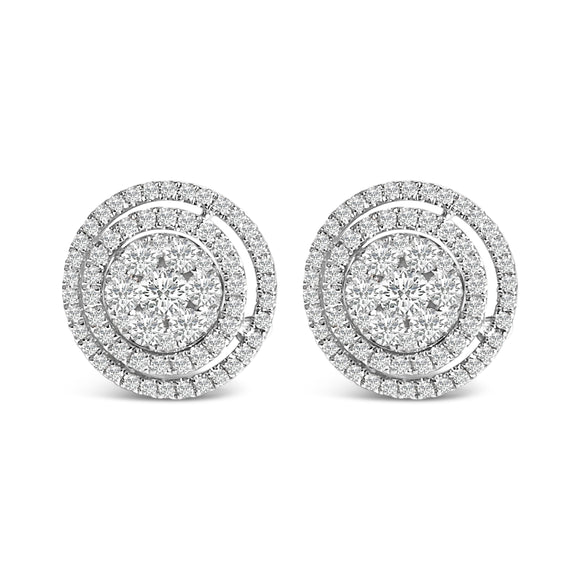 14K Gold 1 3/8 Cttw Diamond Cluster and Double Halo Stud Earring (G-H Color, SI1-SI2 Clarity)
