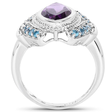 3.06 Carat Genuine Amethyst and London Blue Topaz .925 Sterling Silver Ring - 0