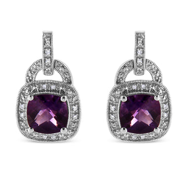 .925 Sterling Silver 8MM Natural Cushion Shaped Amethyst and Diamond Accent Halo with Push Back Dangle Earrings (I-J Color, I2-I3 Clarity)