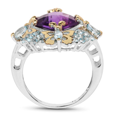 Two Tone Plated 4.45 Carat Genuine Amethyst & Blue Topaz .925 Sterling Silver Ring - 0