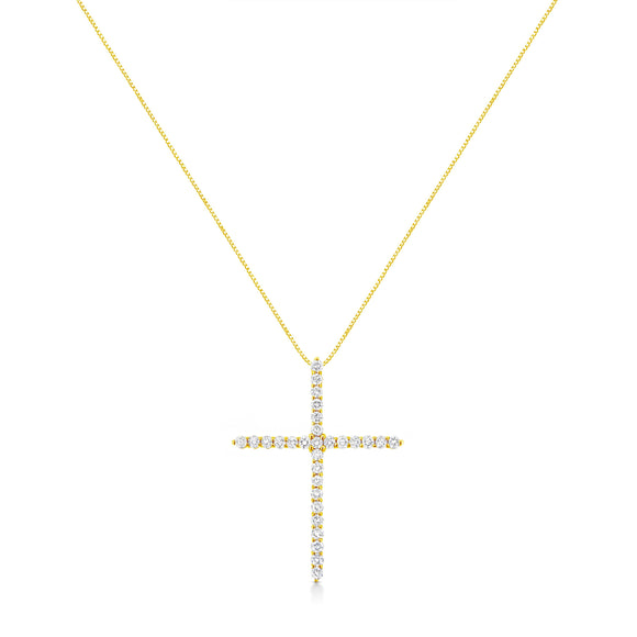 10K Yellow Gold Plated .925 Sterling Silver 3.0 Cttw Prong-Set Round Brilliant Cut Diamond Cross 18" Pendant Necklace (J-K Color, I1-I2 Clarity)