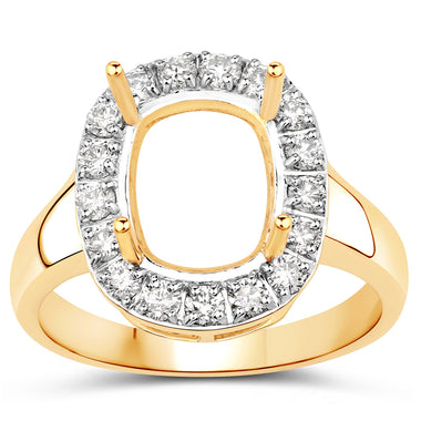 0.51 Carat Genuine White Diamond 14K Yellow Gold Semi Mount Ring - holds 10x8mm Cushion Gemstone - 0