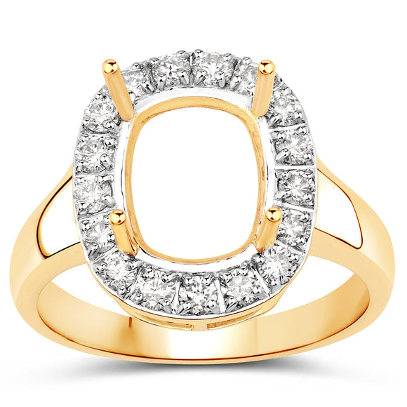 0.51 Carat Genuine White Diamond 14K Yellow Gold Semi Mount Ring - holds 10x8mm Cushion Gemstone