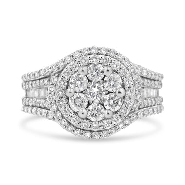 14K White Gold 1 1/2 Cttw Diamond Floral Cluster and Studded Shank Halo Ring (H-I Color, SI2-I1 Clarity) - Ring Size 7