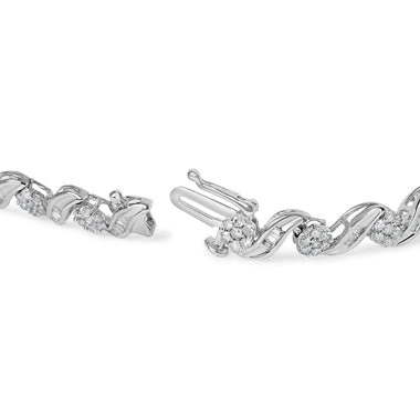 10K White Gold 2.00 Cttw Round-Cut and Baguette-Cut Diamond Floral Design Swirl Link 7" Bracelet (I-J Color, I1-I2 Clarity) - 0