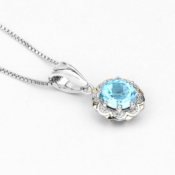 2.32 Carat Genuine Swiss Blue Topaz and White Diamond 14K Yellow Gold with .925 Sterling Silver Pendant
