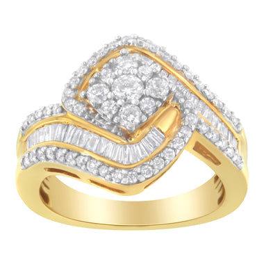 14K Yellow Gold 1.0 Cttw Baguette & Brilliant-Cut Diamond Round Floral Cluster Engagement or Fashion Ring with Swirl Wrapped Triple Row Band (H-I Color, SI2-I1 Clarity) - Size 6-3/4 - 0
