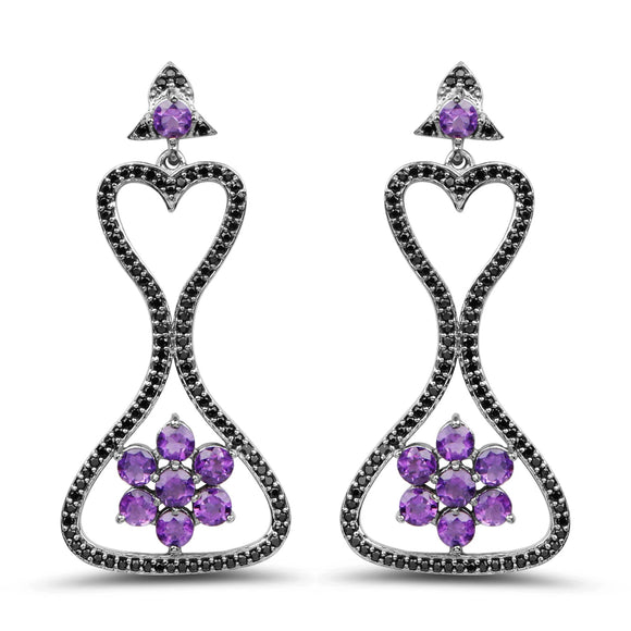6.31 Carat Genuine Amethyst & Black Spinel .925 Sterling Silver Earrings
