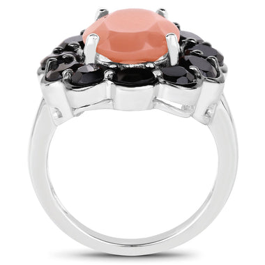 7.88 Carat Genuine Peach Moonstone and Black Spinel .925 Sterling Silver Ring - 0