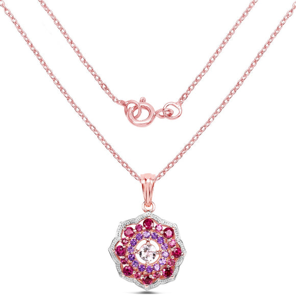 14K Rose Gold Plated 2.30 Carat Genuine Morganite, Rhodolite and Amethyst .925 Sterling Silver Pendant