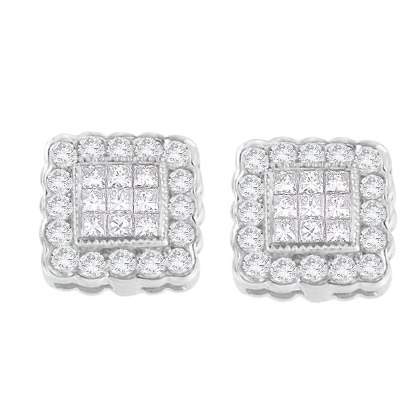 14K White Gold 1.0 Cttw Round Brilliant & Princess Cut Diamond Scallop-Edge Framed Square Halo Stud Earrings (G-H Color, SI1-SI2 Clarity)