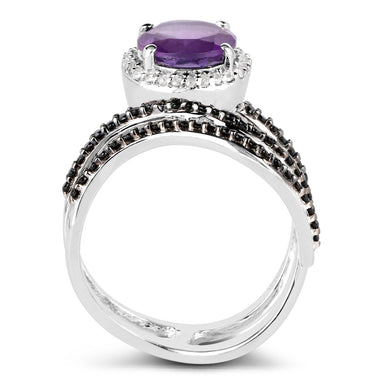 2.31 Carat Genuine Amethyst, Black Spinel and White Diamond .925 Sterling Silver Ring - 0