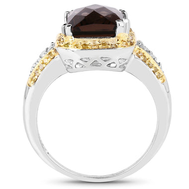 3.48 Carat Genuine Smoky Quartz, Yellow Diamond and White Diamond .925 Sterling Silver Ring - 0