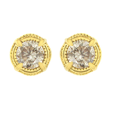 14K Yellow Gold Plated .925 Sterling Silver 1.0 Cttw Round Brilliant Cut Diamond Solitaire Milgrain Stud Earrings (K-L Color, I2-I3 Clarity) - 0