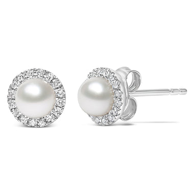 10K White Gold 4.5mm Cultured Freshwater Pearl and 1/7 Cttw Diamond Halo Stud Earring (I-J Color, I1-I2 Clarity) - 0