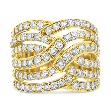 10K Yellow Gold 3.00 Cttw Diamond Multi Row Bypass Wave Cocktail Band Ring (J-K Color, I1-I2 Clarity) - Size 7 - 0