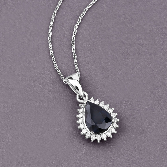 2.09 Carat Genuine Blue Sapphire and White Diamond 14K White Gold Pendant