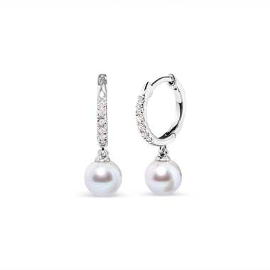 10K White Gold 6x6 MM Cultured Freshwater Pearl and Diamond Accent Drop Huggy Earring (H-I Color, I1-I2 Clarity) - 0