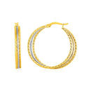 Three Part Textured Hoop Earrings in 14k Yellow and White Gold-1