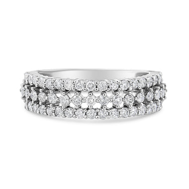 14K White Gold 1.0 Cttw Prong Set Round Diamond Split Shank Three Row Band Ring (H-I Color, I2-I3 Clarity) - Size 6 - 0