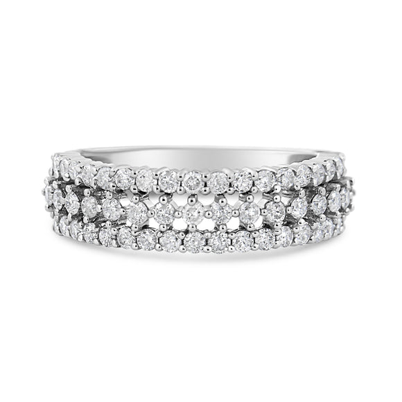 14K White Gold 1.0 Cttw Prong Set Round Diamond Split Shank Three Row Band Ring (H-I Color, I2-I3 Clarity) - Size 6