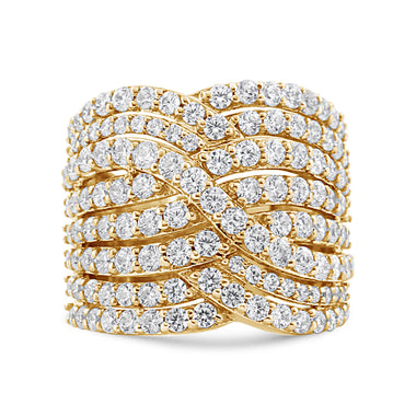 10K Yellow Gold 3.0 Cttw Diamond Eight-Row Bypass Crossover Statement Band Ring (H-I Color, I2-I3 Clarity) - Size 7 - 0