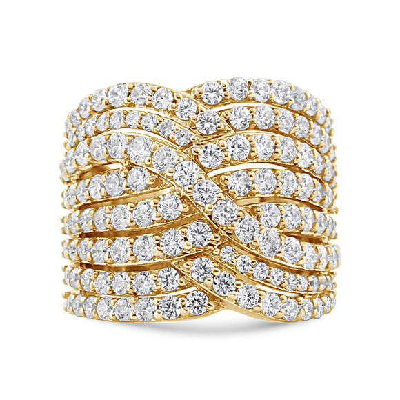 10K Yellow Gold 3.0 Cttw Diamond Eight-Row Bypass Crossover Statement Band Ring (H-I Color, I2-I3 Clarity) - Size 7