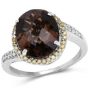 4.85 Carat Genuine Smoky Quartz, Yellow Diamond & White Diamond .925 Sterling Silver Ring-1