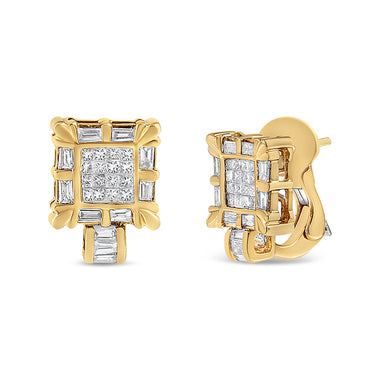 14K Yellow Gold 7/8 Cttw Princess and Baguette-Cut Diamond Square Framed Huggie Hoop Omega Earrings (H-I Color, SI1-SI2 Clarity) - 0