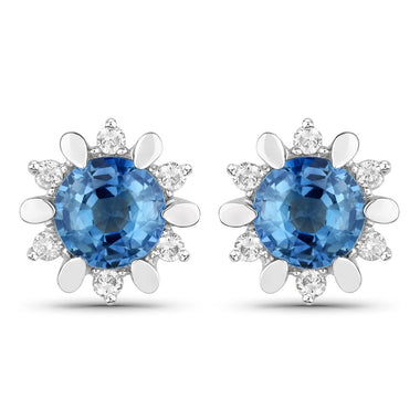 1.87 Carat Genuine Blue Sapphire and White Diamond 14K White Gold Earrings