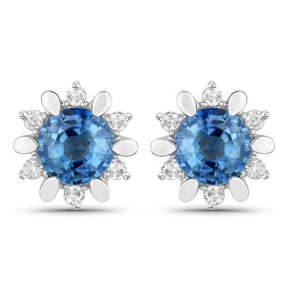 1.87 Carat Genuine Blue Sapphire and White Diamond 14K White Gold Earrings
