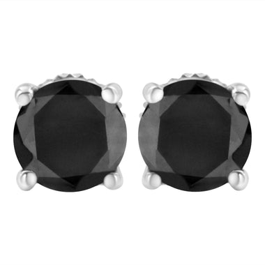14K White Gold 2.00 Cttw Round Brilliant-Cut Black Diamond Classic 4-Prong Stud Earrings with Screw Backs (Fancy Color-Enhanced, I2-I3 Clarity)