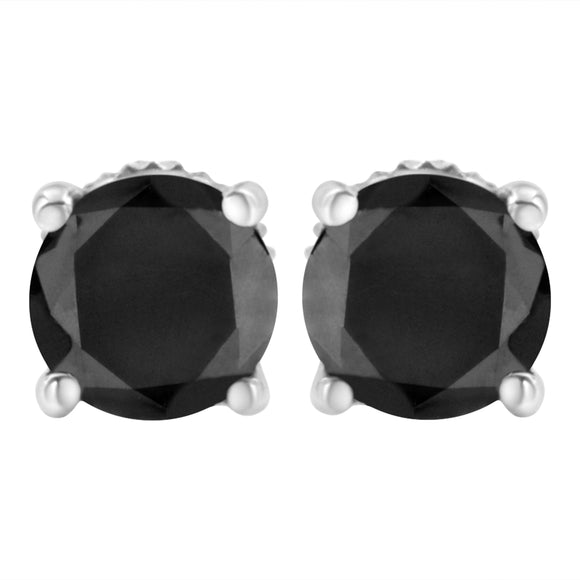 14K White Gold 2.00 Cttw Round Brilliant-Cut Black Diamond Classic 4-Prong Stud Earrings with Screw Backs (Fancy Color-Enhanced, I2-I3 Clarity)