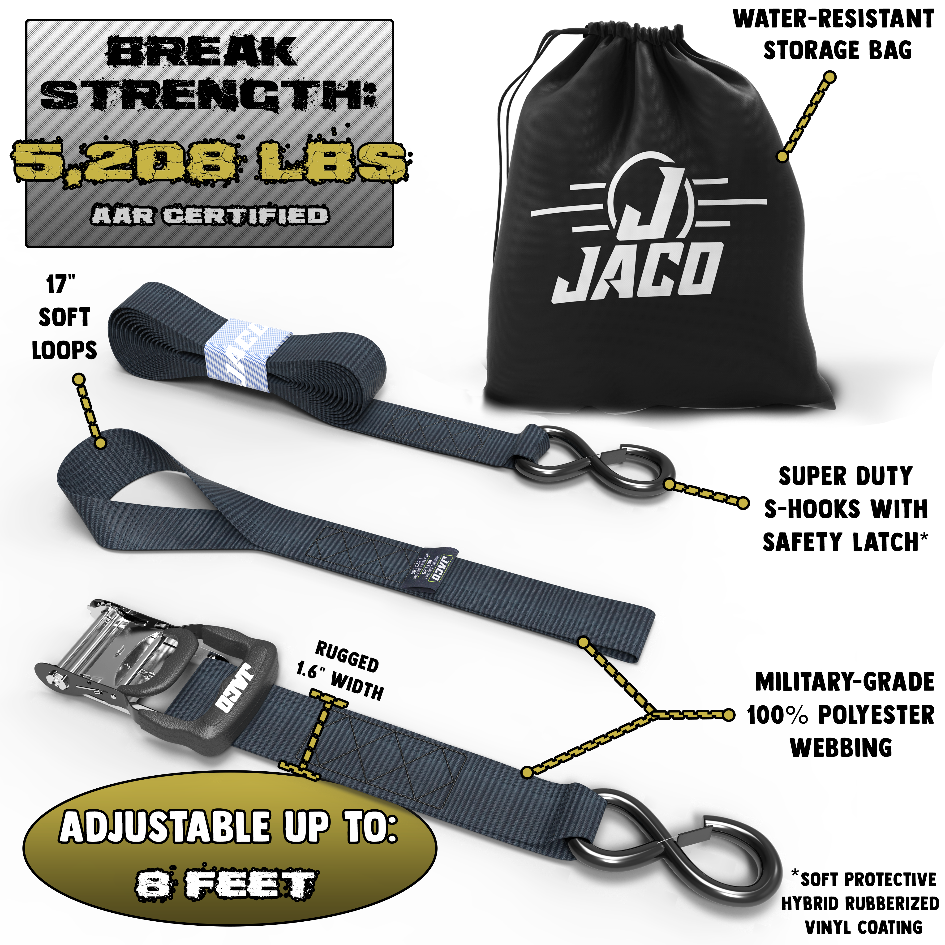 Heavy Duty Ratchet Tie Down Straps with Soft Loops (1.6" x 8 ft) | AAR Certified Break Strength (5,208 lbs) - 0