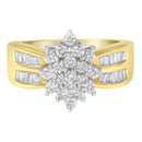 10K Yellow Gold 1.0 Cttw Round & Baguette Cut Diamond Floral Cluster Double-Channel Flared Band Statement Ring (H-I Color, SI2-I1 Clarity) - Size 6-1/2-6