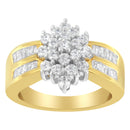10K Yellow Gold 1.0 Cttw Round & Baguette Cut Diamond Floral Cluster Double-Channel Flared Band Statement Ring (H-I Color, SI2-I1 Clarity) - Size 6-1/2-8